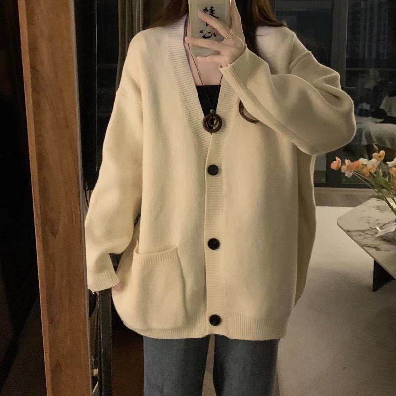Knitted Cardigan Sweater Women's Autumn and Winter New Korean Lazy Style Casual Outerwear Chic Gentle V-Neck Jacket Trendy