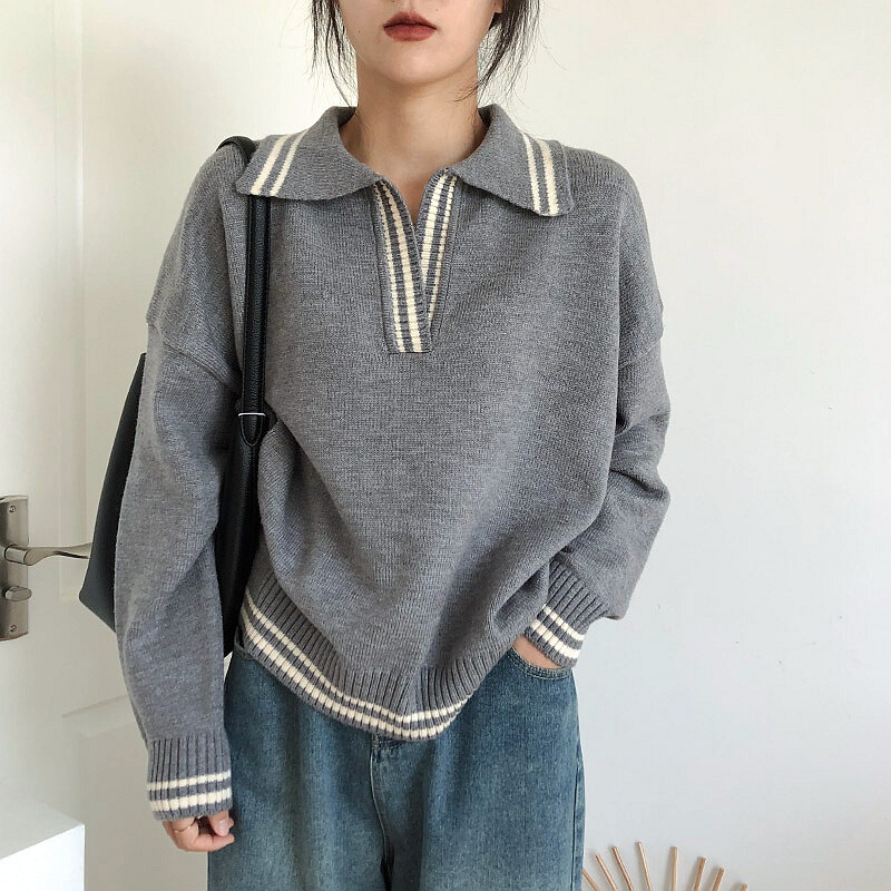 Contrast color Polo collar pullover soft waxy sweater for women Japanese college style simple loose lazy casual sweater top