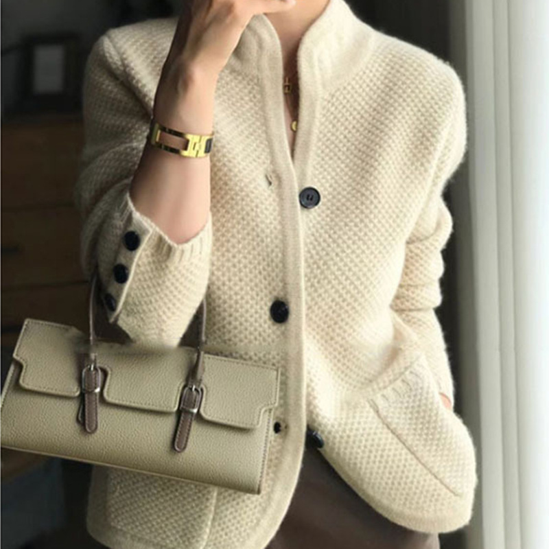 New Spring and Autumn Clothing Loose Knitted Bottoming Jacket Women's Knitted Cardigan Women's Chinese Stand Collar Sweater