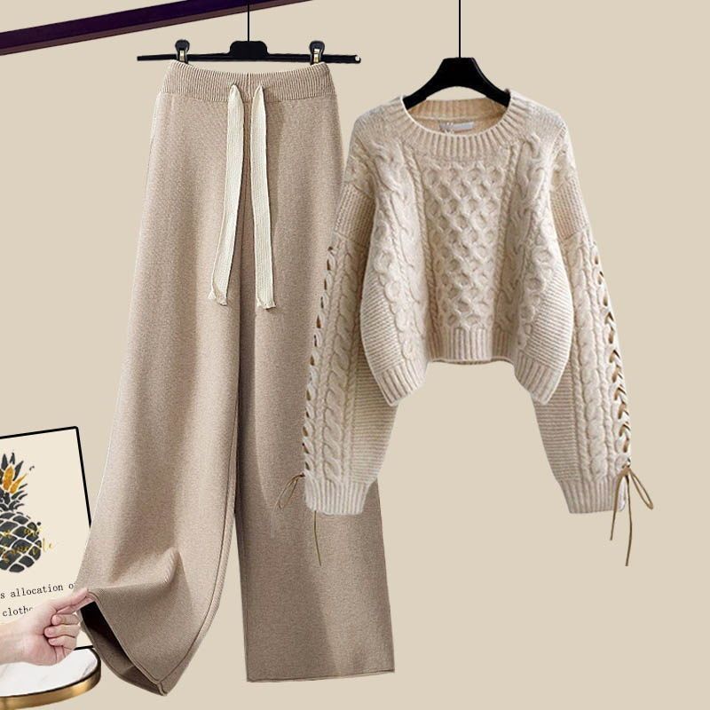 Plus size women's autumn and winter suit women's 2024 new pullover knitted sweater women's loose slimming wide-leg pants two-piece set