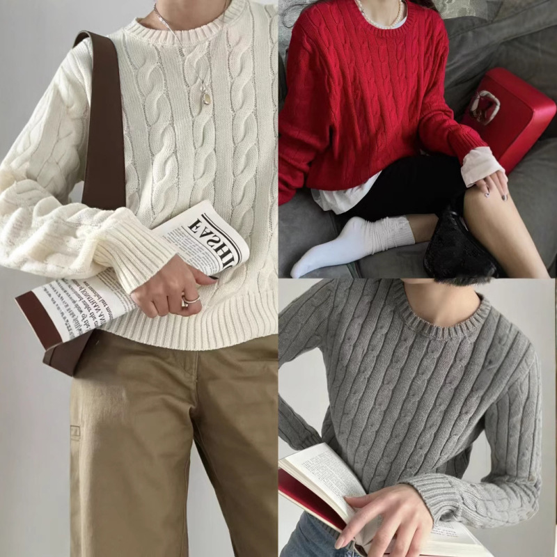 RL Raff's same pony logo embroidered wool cable knit sweater autumn and winter round neck pullover solid color bottoming sweater for women