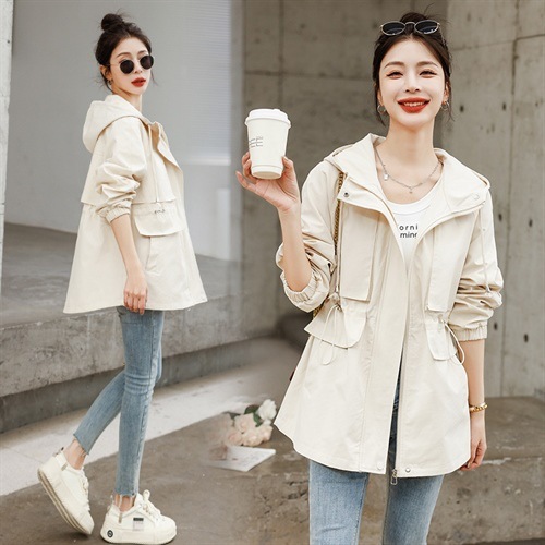 Hooded casual jacket in stock 2024 new spring windbreaker women's mid-length temperament off-white HZ0347