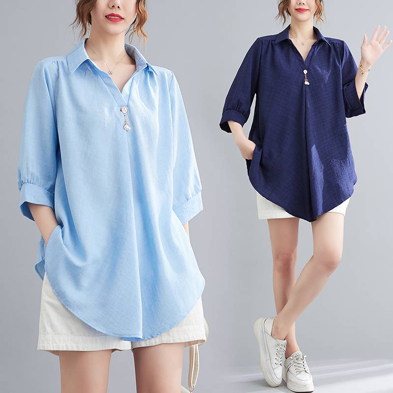 Real shot of new summer loose large size casual style linen slimming belly-covering collar shirt top
