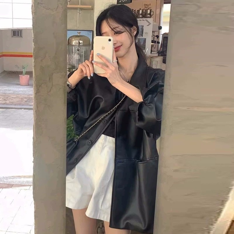 Korean Handsome Lapel Single Breasted Leather Jacket Women's Autumn New Loose Versatile Imitation Leather Jacket Top Wholesale