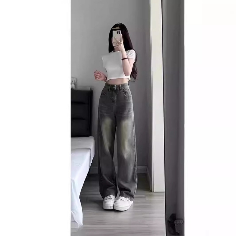 Plus size women's retro green straight jeans 2024 summer new fat mm high waist slimming crotch-covering wide-leg pants
