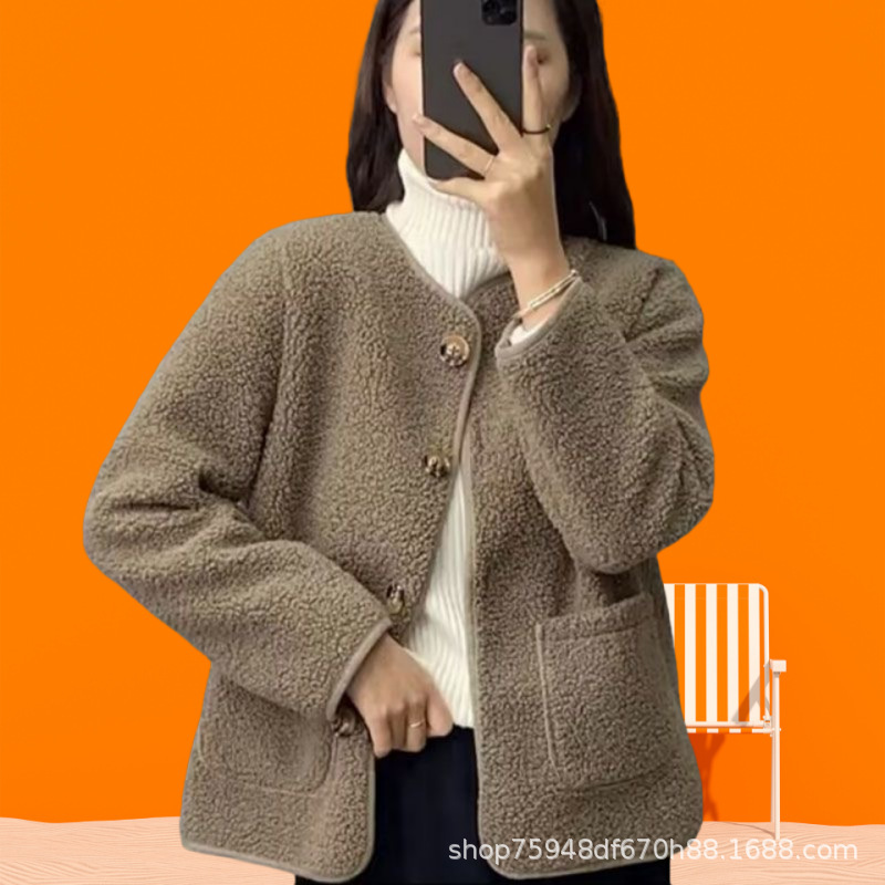 Popular technology grain velvet women's short age-reducing round neck single-breasted warm loose thickened fashionable cardigan top