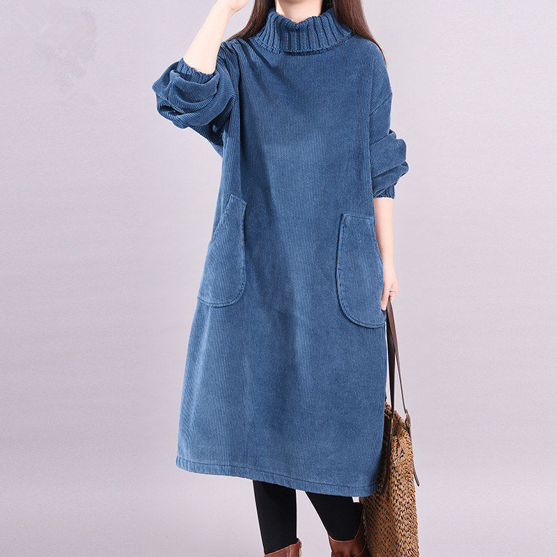 Autumn and winter large size new style temperament corduroy thickened high collar dress mid-length women's fat mm loose inner skirt