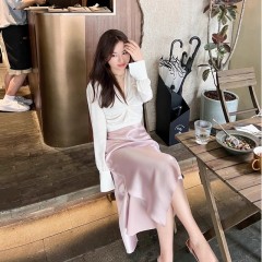 Acetate bias cut mid-length skirt Temperament satin hip skirt summer new spring and summer side slit elastic skirt
