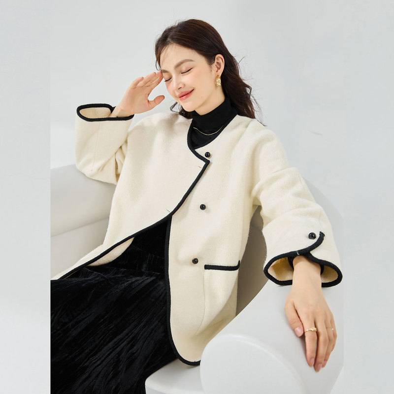 24 autumn and winter new elegant wool knitted circle small fragrant style contrasting edge temperament casual coat jacket 13987