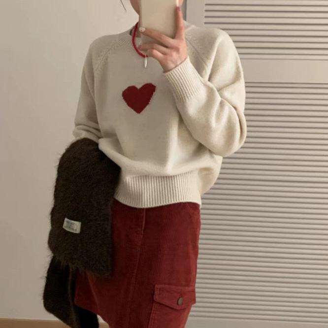 2024 new autumn and winter Korean style love jacquard knitted pullover girly style sweet age-reducing versatile sweater top