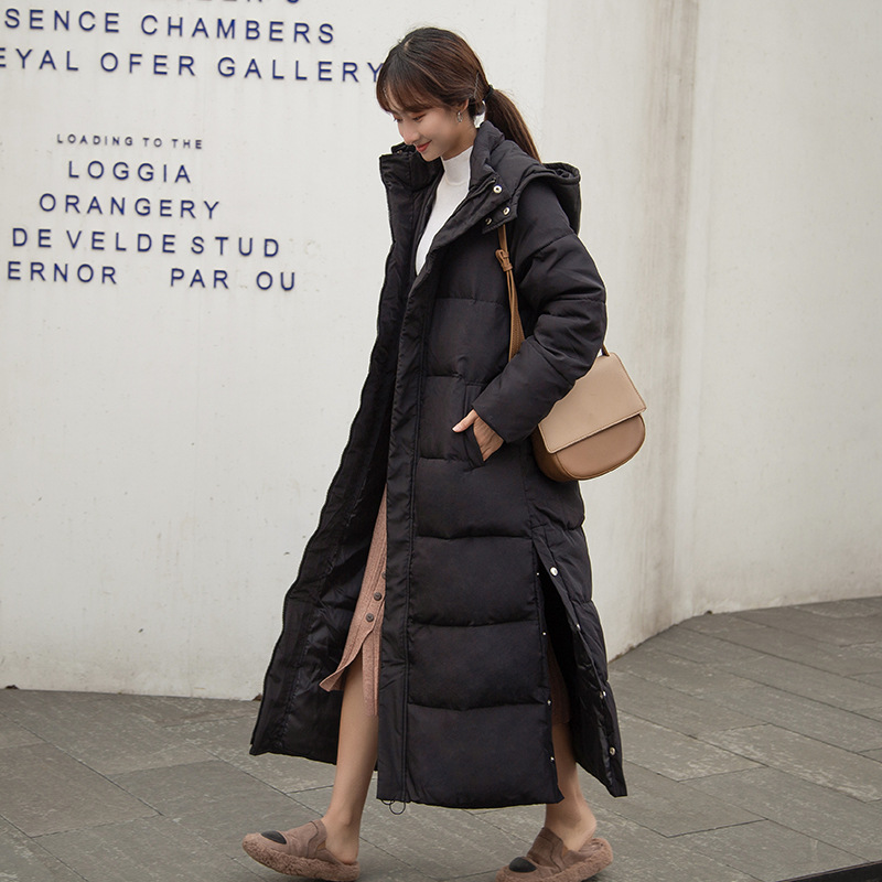 Over-the-knee long cotton coat for women winter new Korean fashion slim down cotton hooded thickened cotton coat
