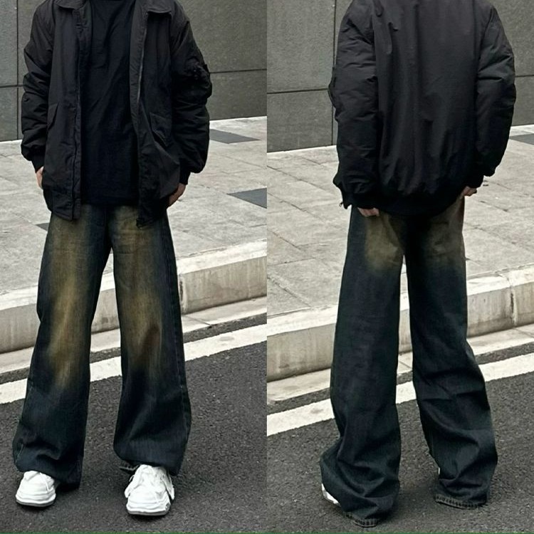 American washed blue belt jeans for men, vintage pants, high street vibe workwear bootcut pants