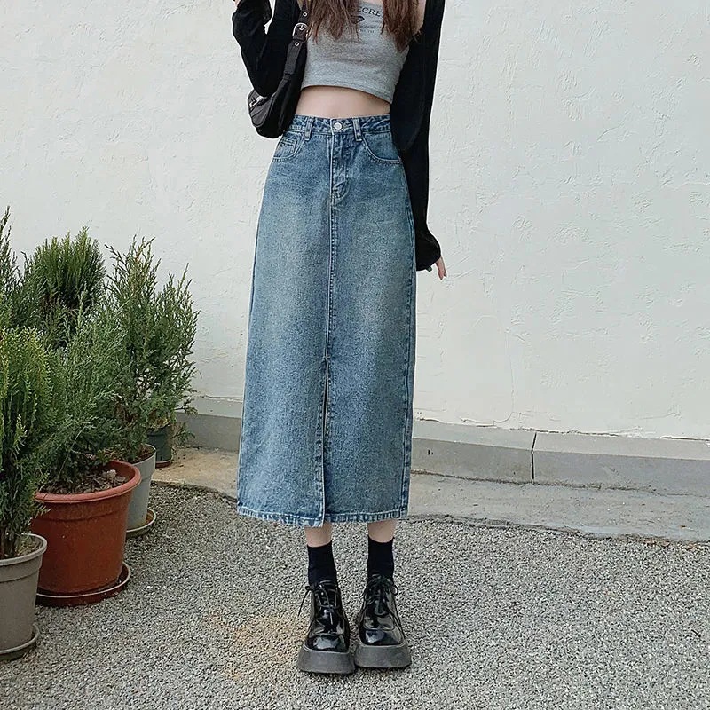 Denim skirt mid-length slit covering legs and slimming spring A-line version 2024 new ins super fairy student skirt