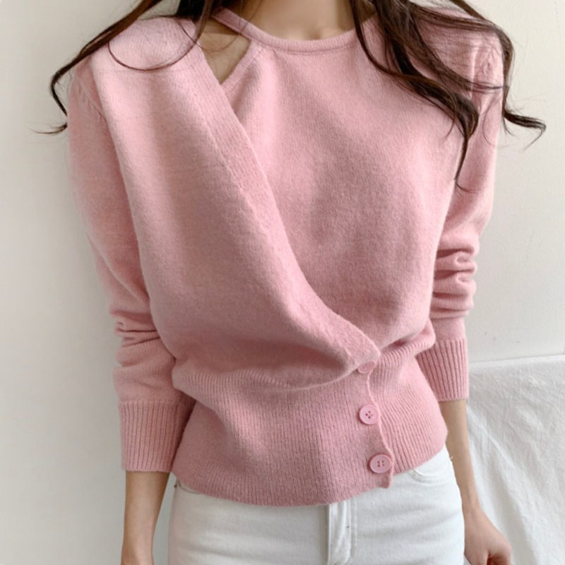 New Korean style gentle and elegant waist knitted fake two-piece sweater for women with halter neck and off-shoulder solid color pullover design with unique design