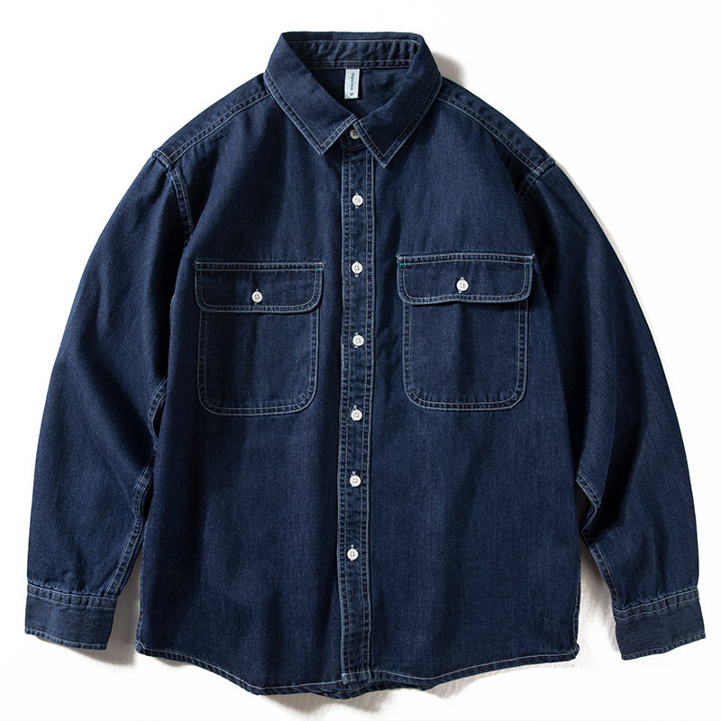 Washed distressed denim shirt men's long-sleeved loose casual shirt men's Ami khaki retro top men's jacket
