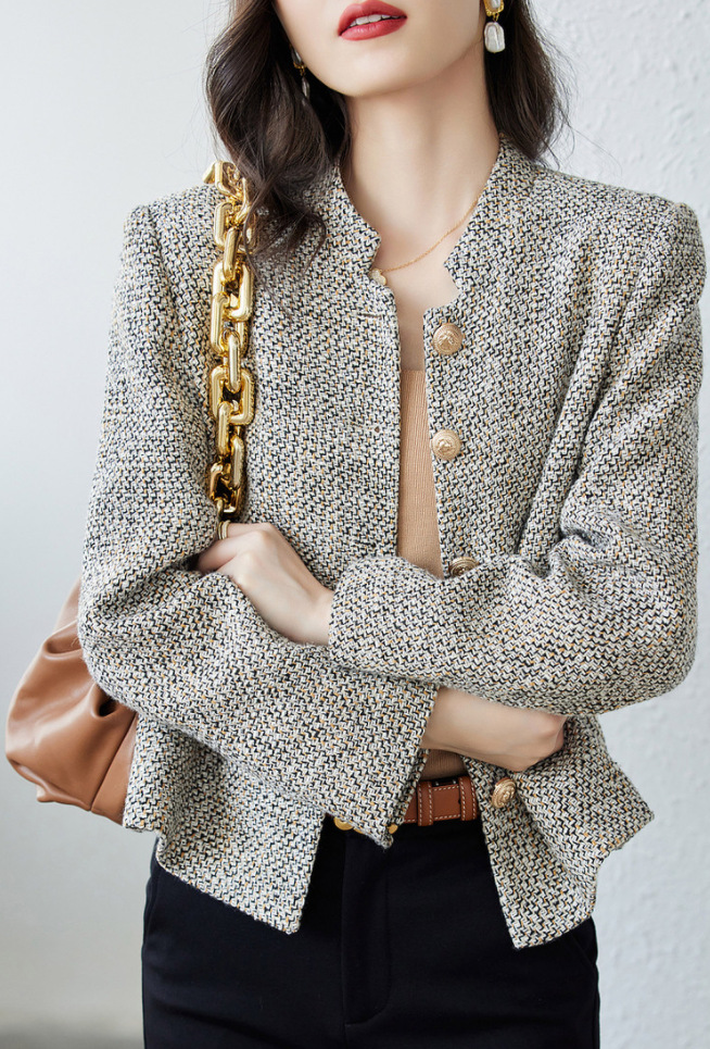 French style small fragrant jacket for women 2024 spring and autumn new stand-up collar woolen fashionable temperament niche chic short top