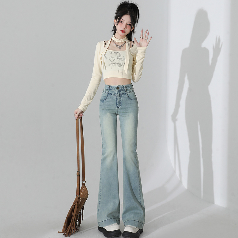 Light Color Stretch Micro Flare Jeans Women's 2024 Spring and Autumn New High Waist Slim Versatile Horseshoe Flare Trousers