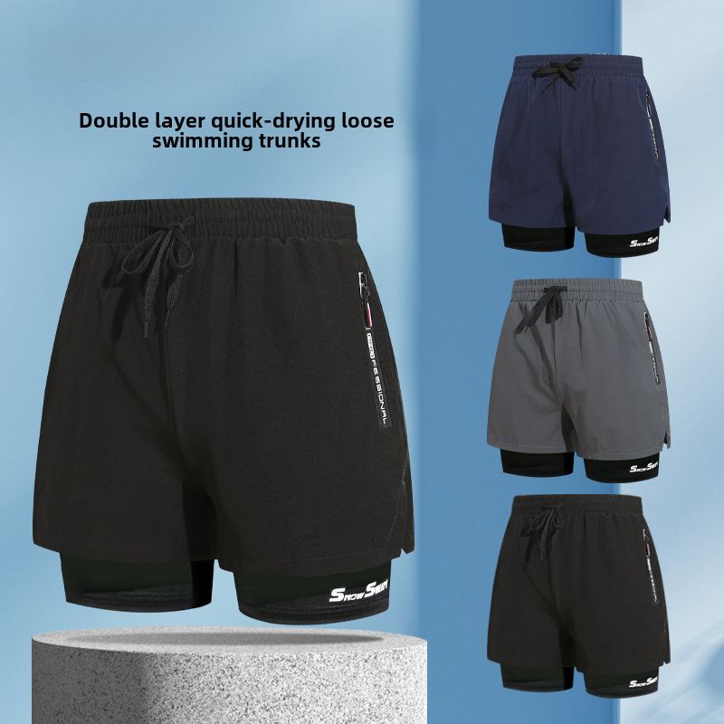 Men's double-layer swimming trunks boxer adult quick-drying anti-embarrassment swimming trunks beach trunks hot spring swimming equipment set