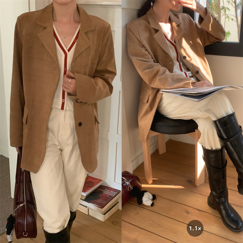 Autumn French retro lapel single-breasted loose mid-length buckskin velvet long-sleeved suit jacket for women