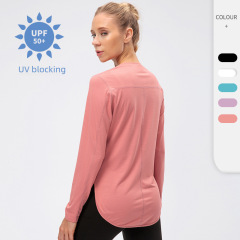 Women's Yoga Wear Slit Long Sleeve UPF50+ Sun Protection Sportswear UV Anti-UV Running Fitness Loose T-shirt 12530
