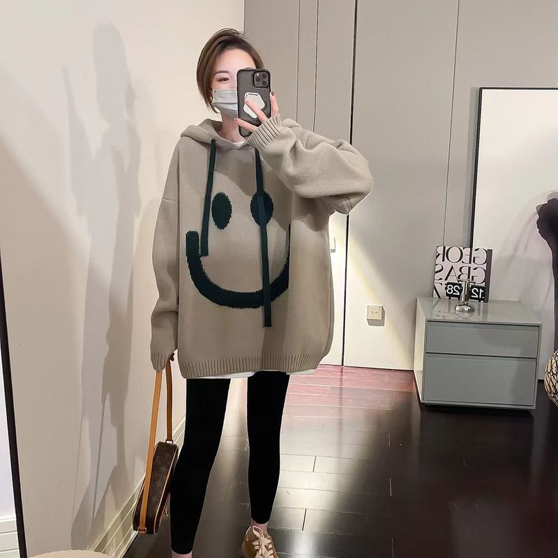 Soft beige smiley hooded sweater for women in autumn and winter new style lazy style loose outer wear casual versatile top trendy