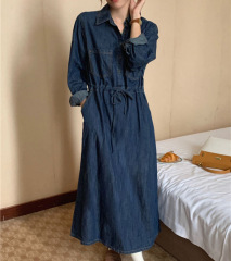 Korean style double pocket lapel buttoned denim long skirt women's drawstring waist tie washed long A-line dress