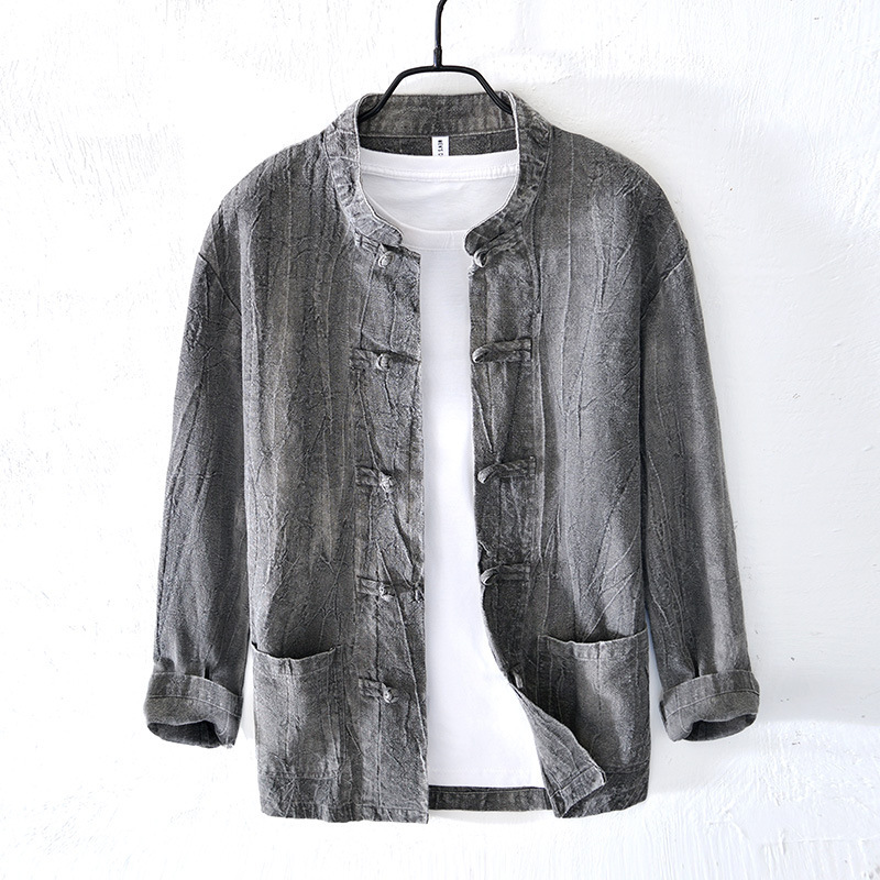 Spring Chinese style ramie Tang suit men's buckle casual jacket retro loose tunic suit cotton and linen Hanfu layman's suit