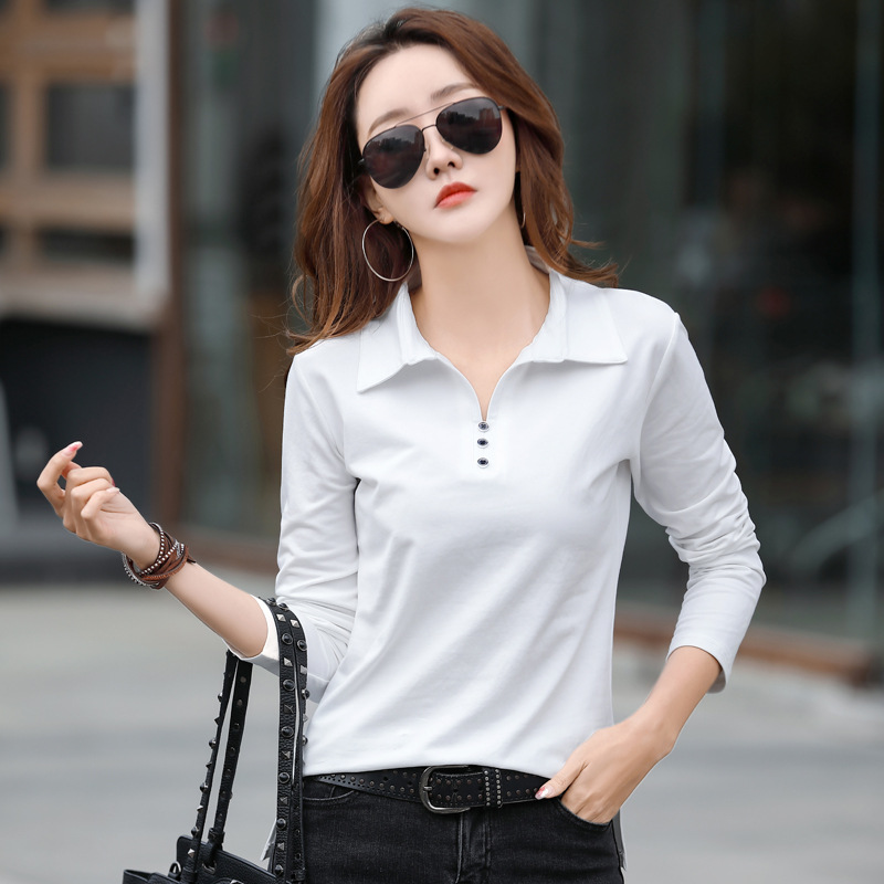 Spring new style Korean style lapel long-sleeved T-shirt women's button loose bottoming shirt Tmall Jingdong source for delivery