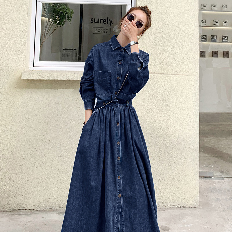 Denim long skirt for early autumn, ankle length, thin, A-line plus size dress, high waist, stylish, slimming and fat mm long sleeves