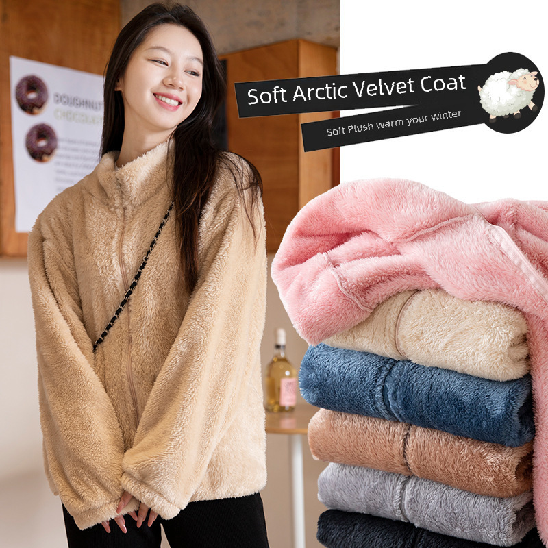 Winter fashionable velvet jacket for women, coral velvet zipper style, casual thickened double-sided arctic velvet solid color warm top