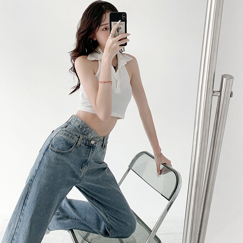 Irregular oblique buckle high waist chic style Korean style wide leg jeans for women new spring and autumn loose straight floor mopping pants
