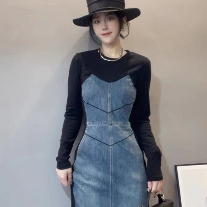 European new autumn style retro fashion stitching contrasting round neck long-sleeved slim fit denim skirt