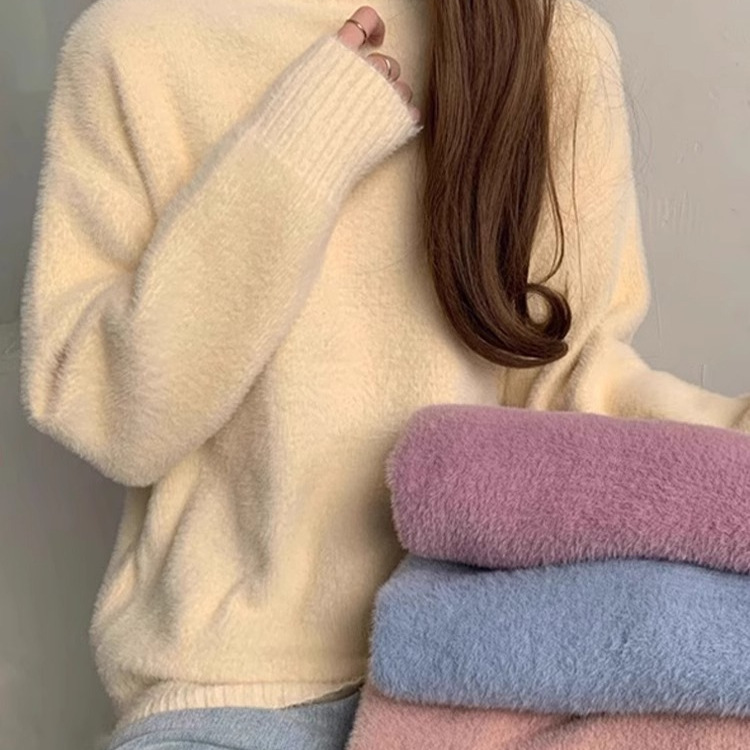 Half turtleneck lazy style imitation mink sweater for women early spring 2024 new thickened bottoming shirt 2024 knitted top