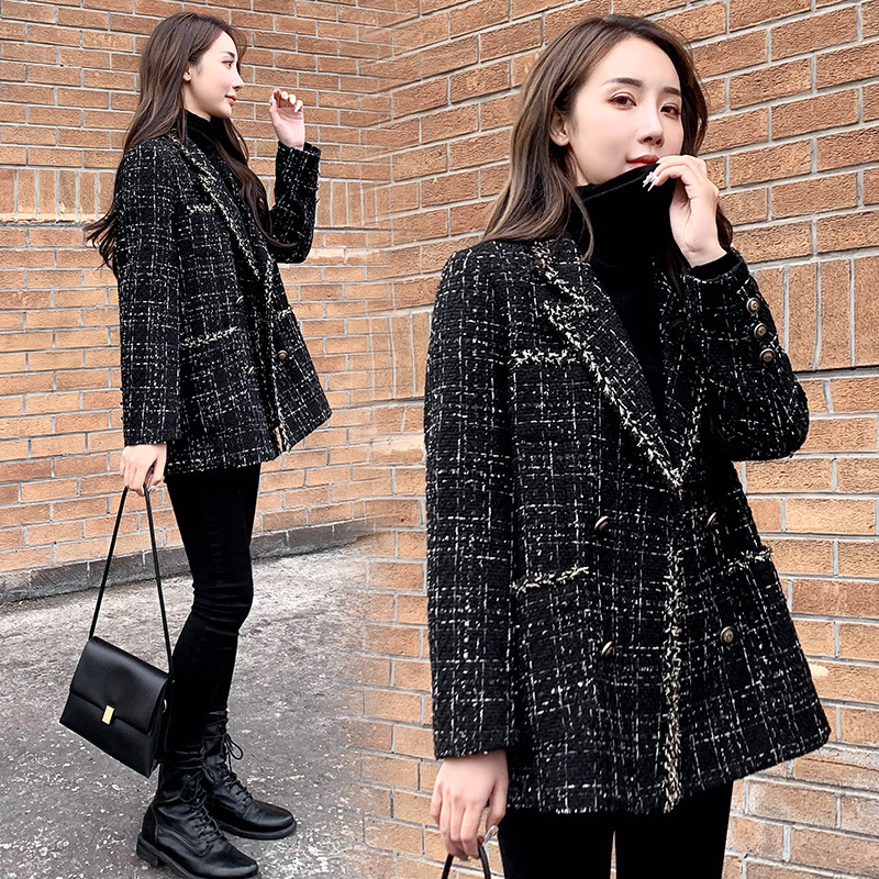 2024 new autumn and winter women's loose plaid woolen coat small fragrant tweed lady splicing small suit