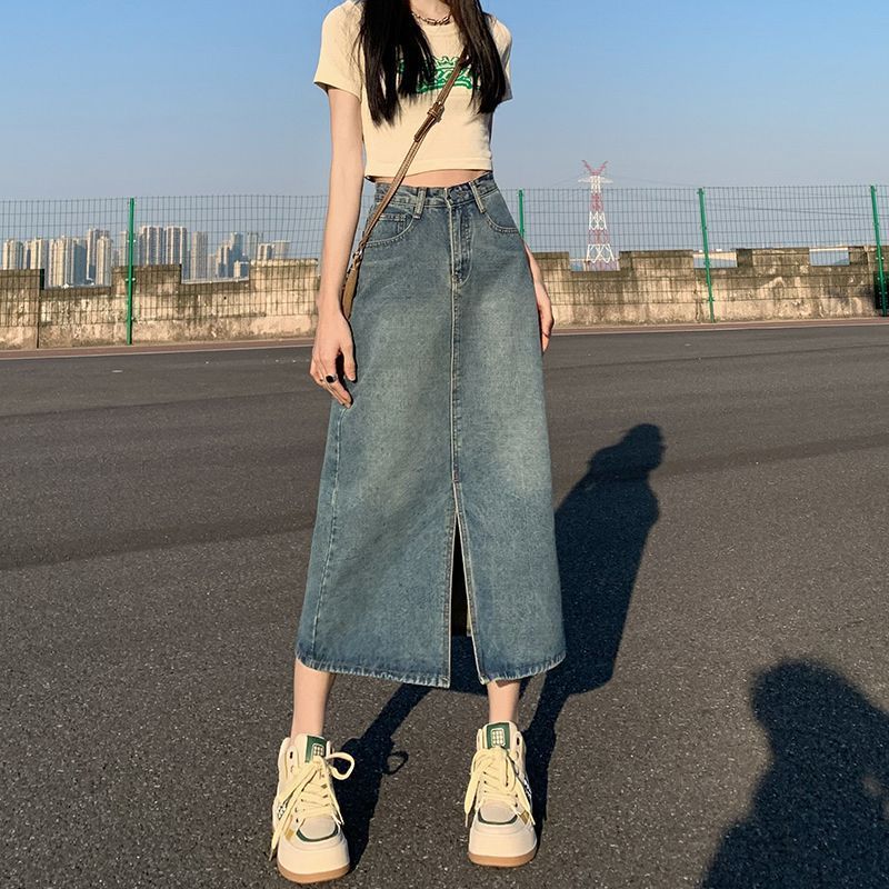 High waist slit denim skirt for women spring and autumn 2024 new straight pear-shaped slimming mid-length a-line hip skirt