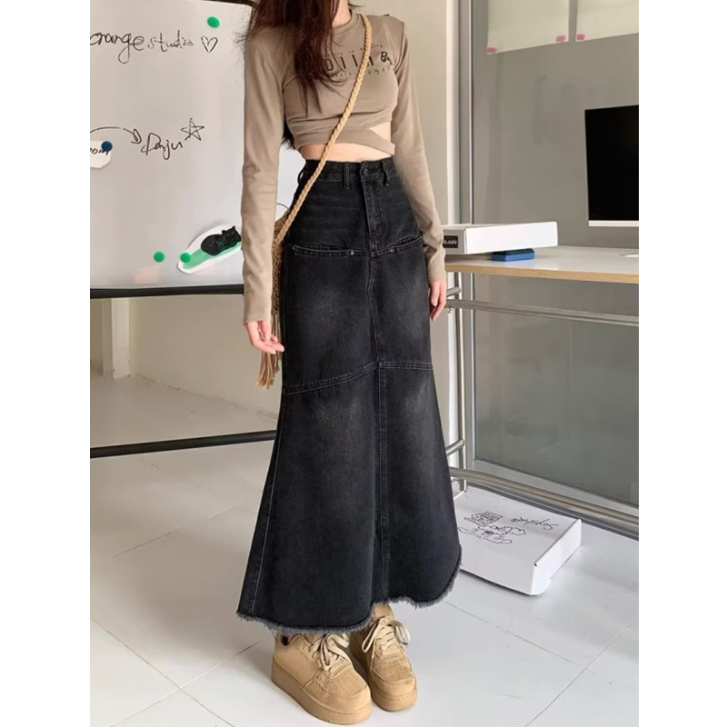 Fishtail skirt high waist slimming A-line women's new style small raw edge denim long skirt ins trendy black
