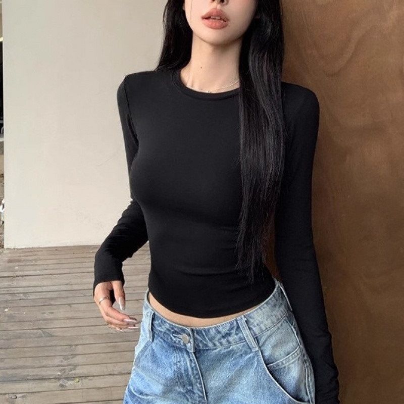 Hot girl round neck right shoulder T-shirt women's bottoming shirt pinch waist slim fit inner pullover short long-sleeved top autumn