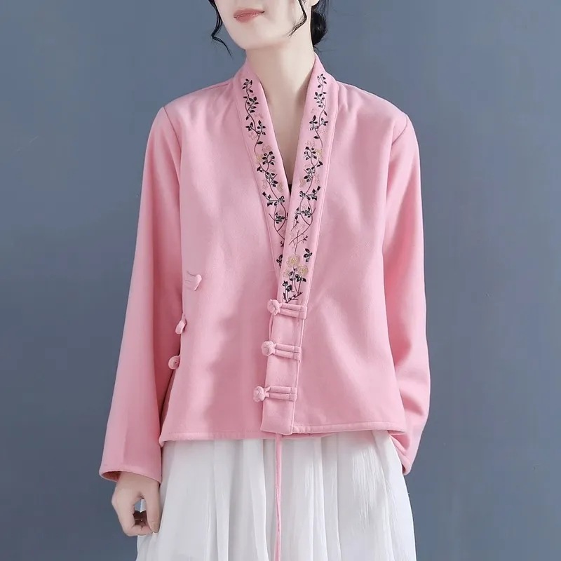 Women's autumn and winter new double-sided German velvet ethnic style embroidered V-neck long-sleeved loose short coat cardigan button top