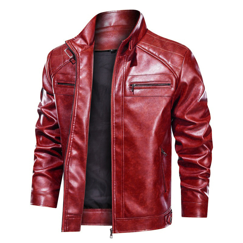 Amazon Autumn and Winter Straight Hem Side Pocket Unhooded Motorcycle Leather Jacket European and American Youth Stand Collar Jacket Men