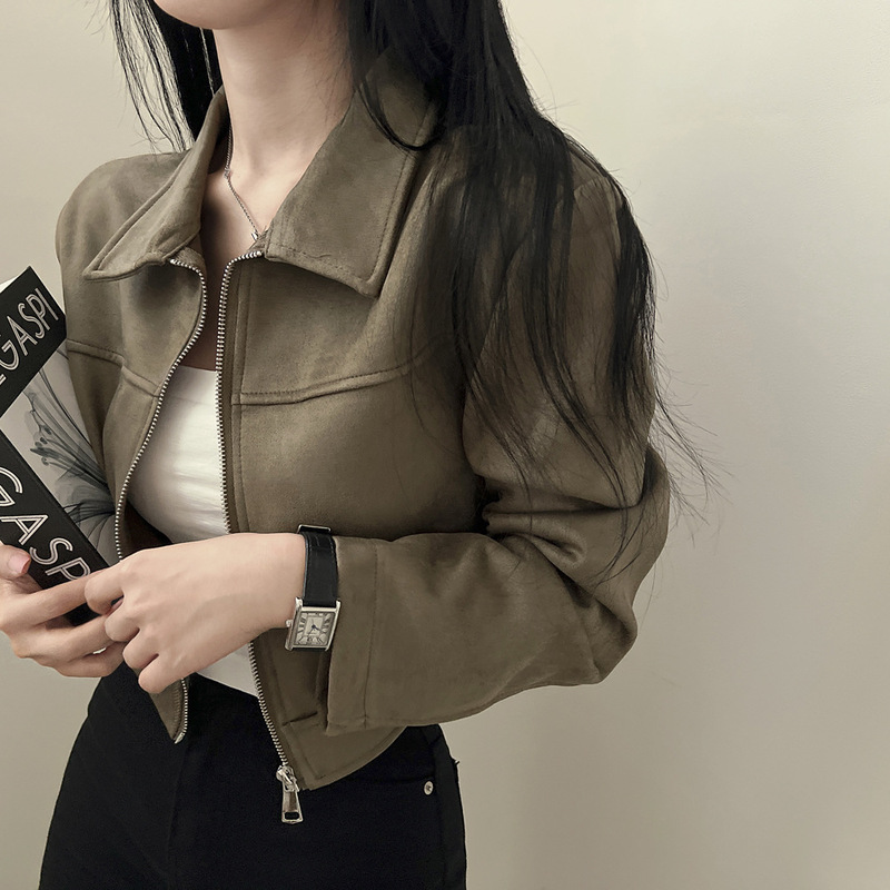 Korean chic autumn French retro simple solid color slim and versatile zipper lapel suede jacket short coat