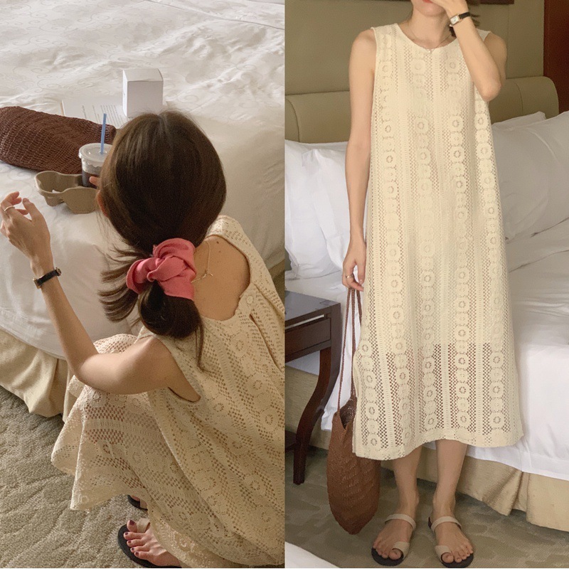 Real shot of crochet hollow lace sleeveless vest dress new style gentle French style elegant mid-length skirt