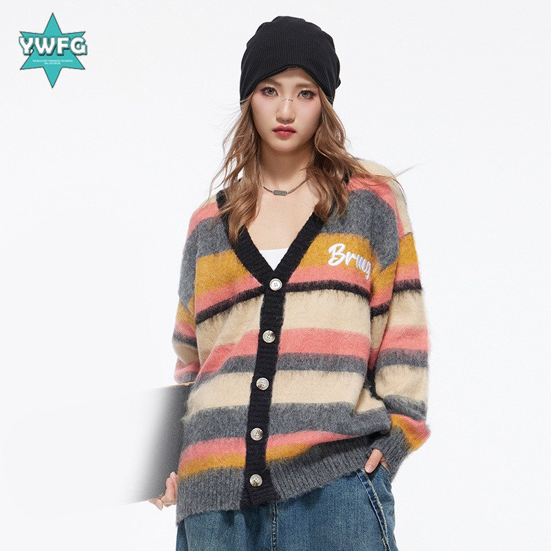 YWFG cross-border shipping Amazon women's striped sweater cardigan 2024 men's new foreign trade European and American sweater