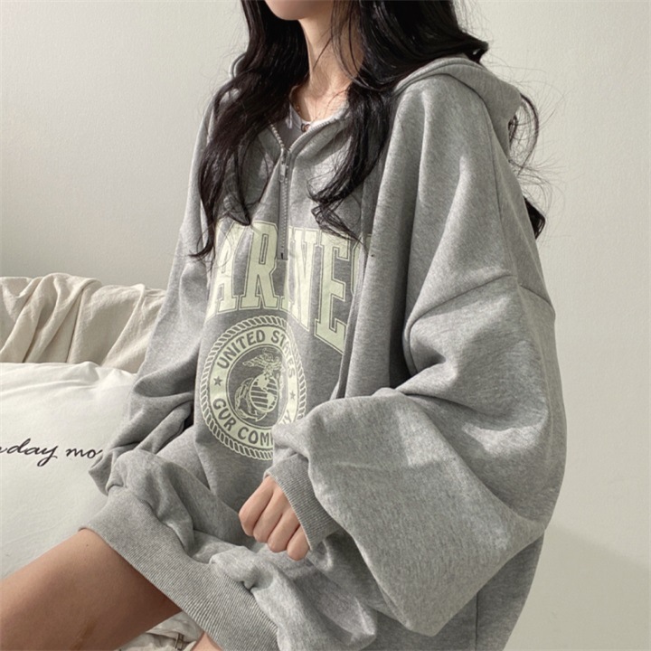Cotton zipper hooded sweatshirt women's loose Korean style mid-length top versatile spring and autumn high street jacket ins trend brand