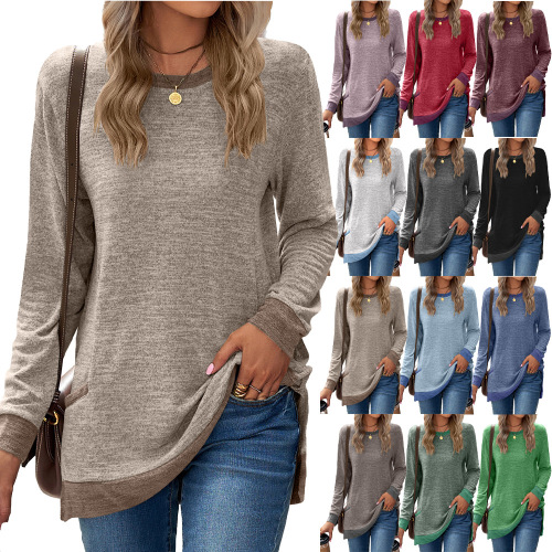 Cross-border European and American clothing Amazon independent station round neck color-blocked pocket long-sleeved pullover top loose casual T-shirt