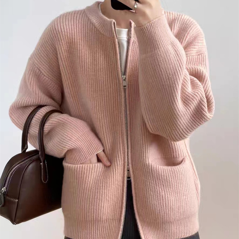 Korean Spring and Autumn New Lazy Style Double-Zip Sweater Cardigan Women's Design Solid Color Loose Knitted Jacket Top
