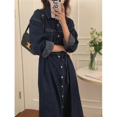 Actual shot of new autumn and winter Korean style loose lace topstitched long-sleeved denim dress for women 2 colors