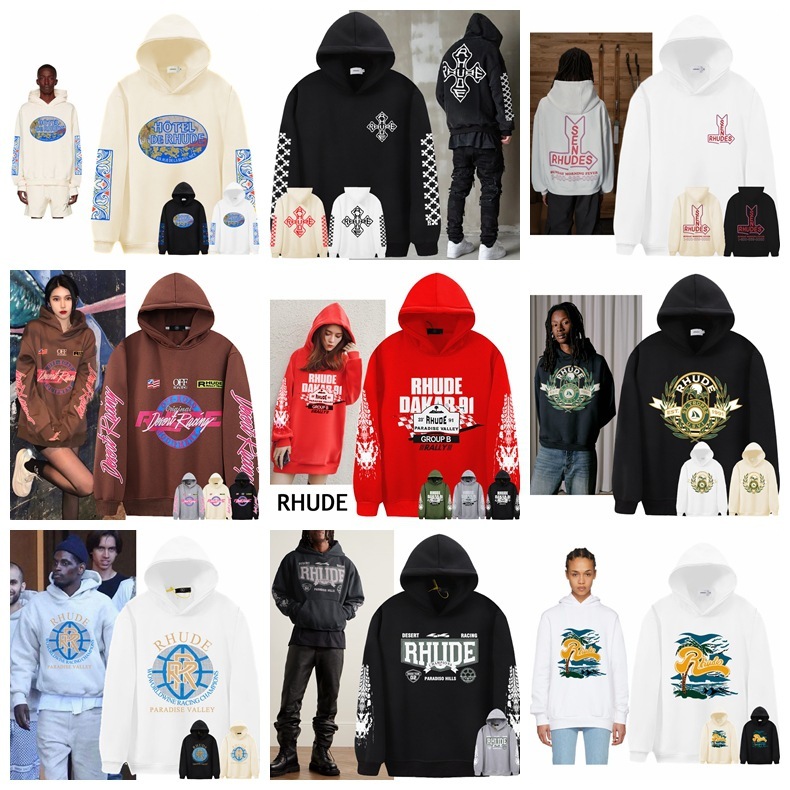 American niche trendy brand rhude hooded sweatshirt for men, couple street ins, autumn and winter RH pullover jacket for women