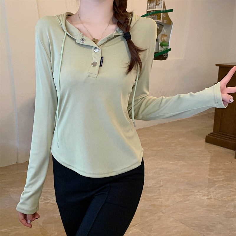 Slightly fat tops for women 2024 autumn new style hooded inner top design grass green hooded T-shirt for women