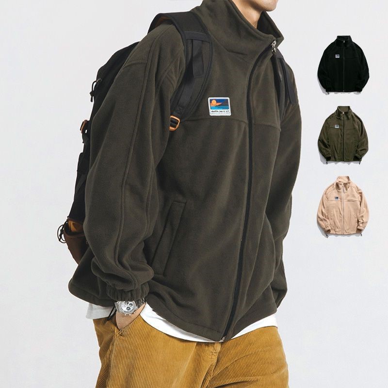 Japanese lamb wool coat, fleece sweatshirt, men's autumn and winter couple's stand-up collar polar fleece student outer casual jacket
