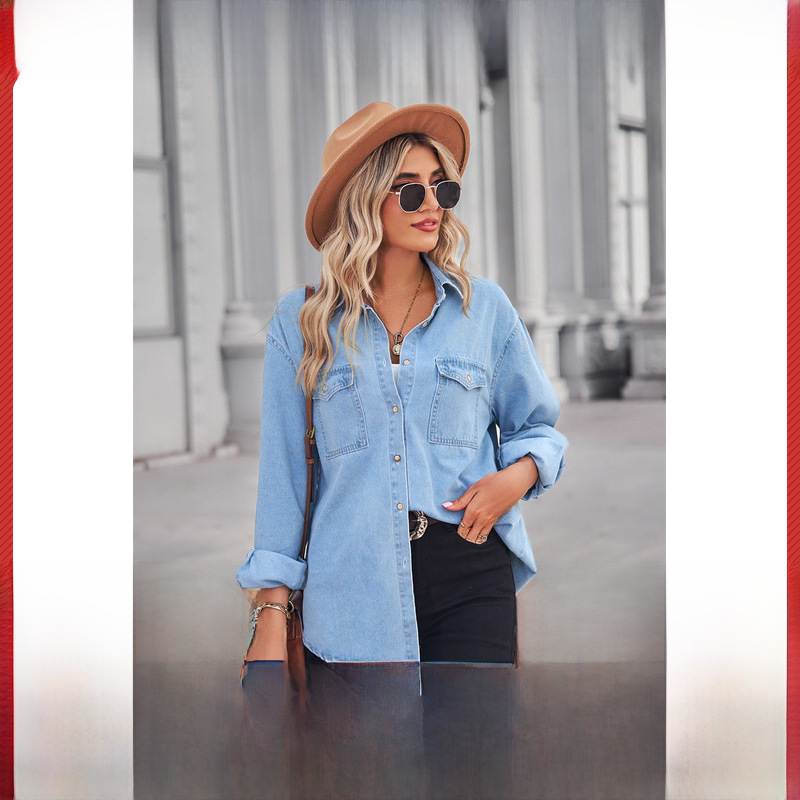 Factory direct sales to Europe and the United States cross-border foreign trade eBay Amazon new light color slimming denim long-sleeved shirt for women